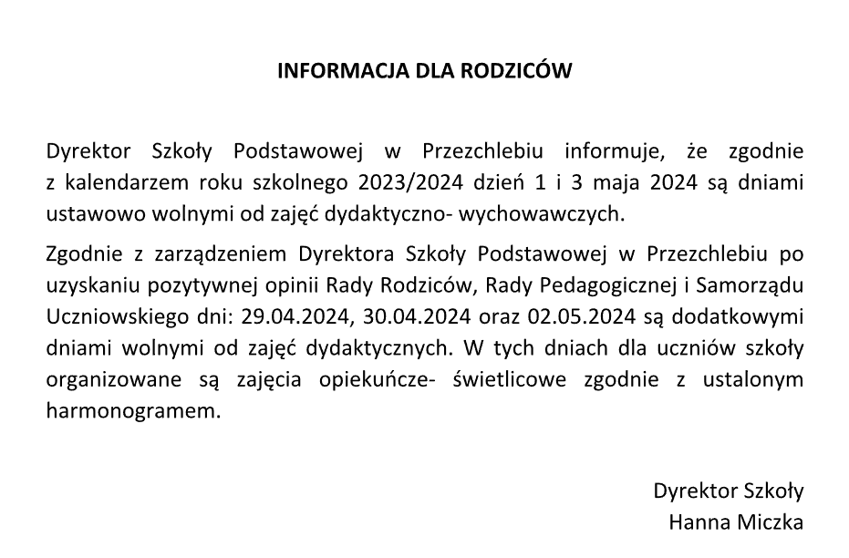 Informacja dni wolne